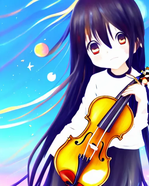 Prompt: anime style, chibi, full body, a cute girl with white skin and golden long wavy hair holding a violin and playing a song, heavenly, stunning, modern art, lunar time, trending art, sharp focus, centered, landscape shot, happy, fleeting dream, simple background, studio ghibly makoto shinkai yuji yamaguchi, by wlop