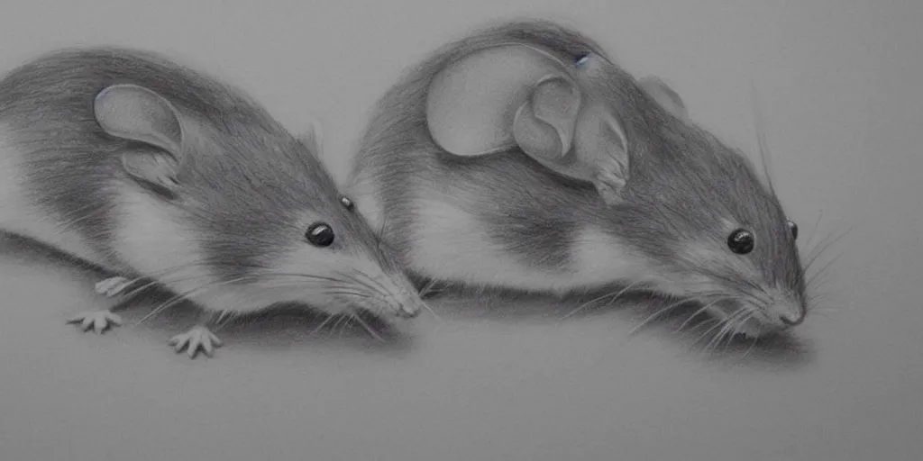 Prompt: a beautiful pencil drawing of exactly two!!!!! cartoon mice; masterpiece; extremely highly detailed; ultra-realistic; trending on artstation