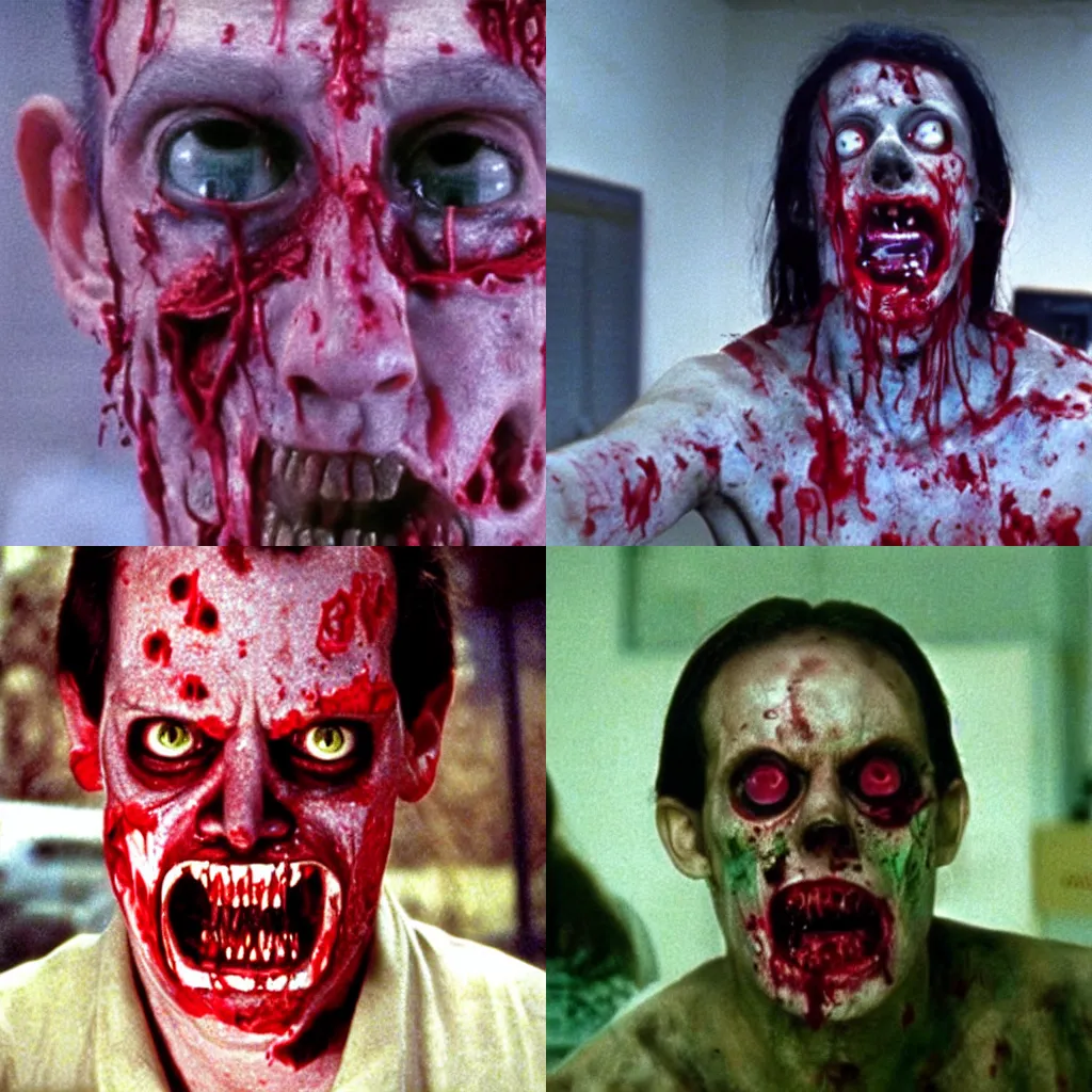 Prompt: zombie face, dead alive (1992), red, movie still, cinematic