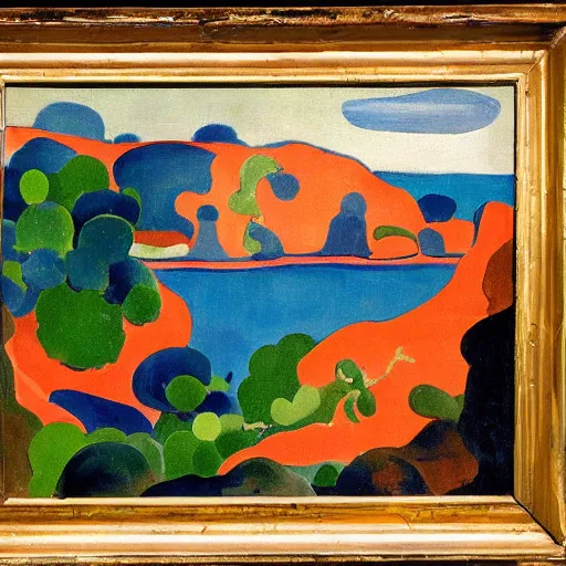 Image similar to painting of a lush natural scene on an alien planet by andre derain. beautiful landscape. weird vegetation. cliffs and water.