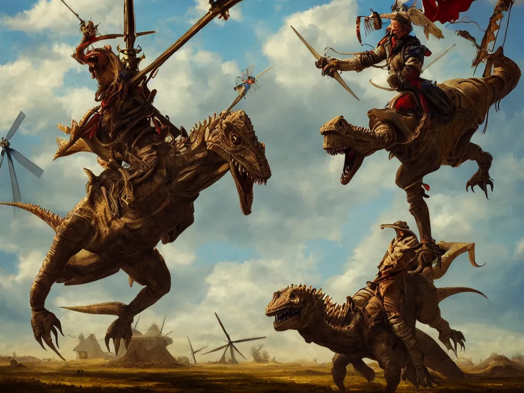 Image similar to portrait of a don quixote riding a dinosaur attacks a windmill, digital art, highly detailed, stunning scene, 4 k, realism, bright colors, trending on artstation