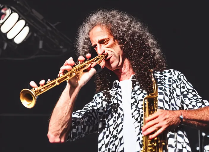 Prompt: photo still of kenny g on stage at vans warped tour!!!!!!!! at age 3 8 years old 3 8 years of age!!!!!!! playing saxophone, 8 k, 8 5 mm f 1. 8, studio lighting, rim light, right side key light