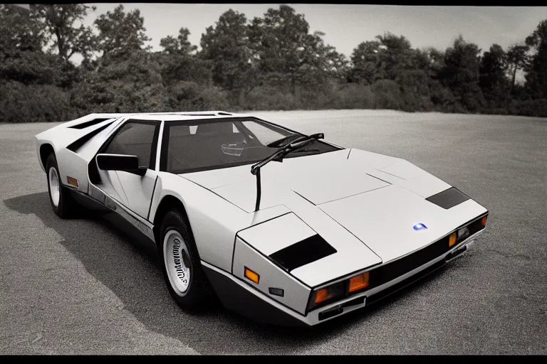 Prompt: designed by john delorean stylized poser of a single 1 9 8 6 lamborghini countach ( ( delorean ) ) ford gt 4 0, large led lights, ektachrome photograph, volumetric lighting, f 8 aperture, cinematic eastman 5 3 8 4 film