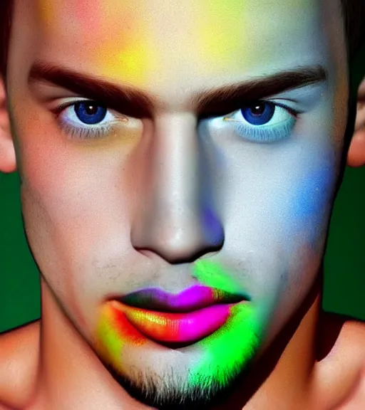 Image similar to photo realistic digital art of the most handsome young man in the world, he is seductive, beautiful and has multicoloured eyes that shine. very colourful background