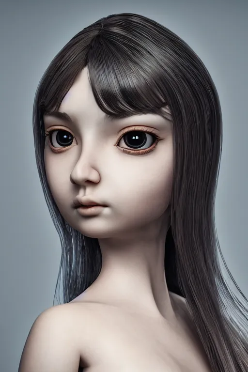 Prompt: beautiful ball jointed doll face, long shiny hair, full body, intricate detailed, sharp focus, octane render, high quality, Symmetrical composition, 8k, volumetric lighting, on black background