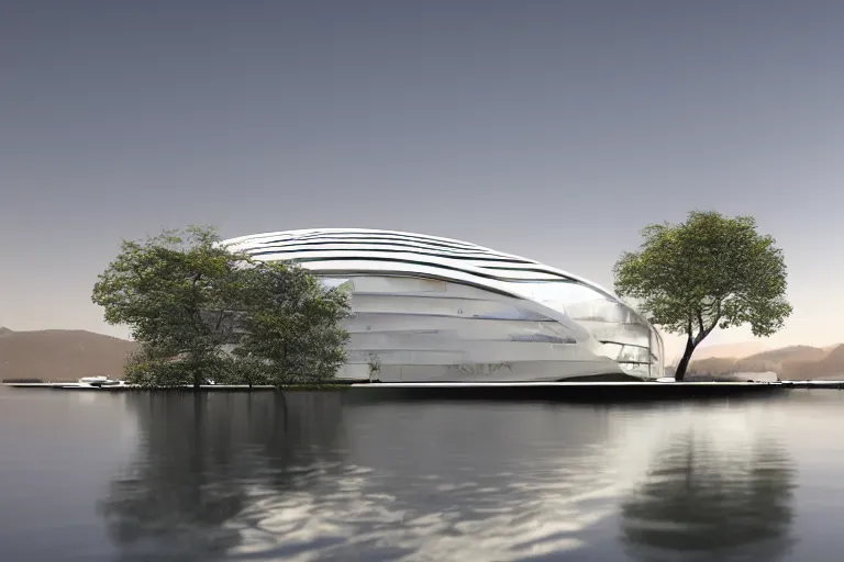 Image similar to a building formed by the combination of many white spherical spaces and boolean, on the calm lake, people's perspective modern curved architecture, future, wood, marble, metal award winning, highly detailed 4 k art, dusk, unreal engine highly rendered, global illumination, radial light, internal environment by kazuyo sejima