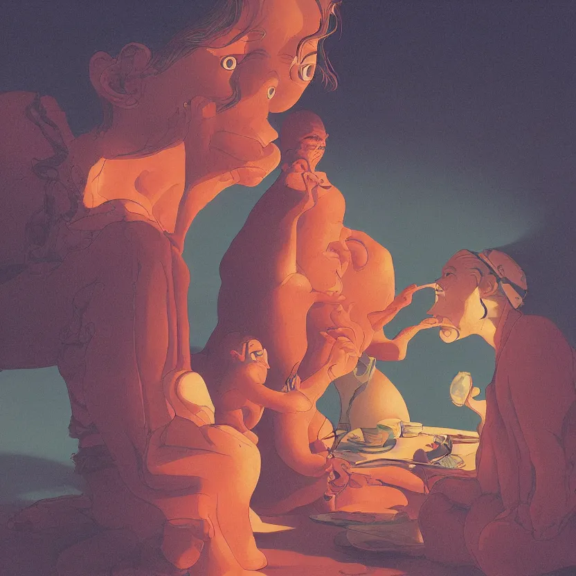 Image similar to close up portrait of a man and woman having fun with lsd and magic mushrooms by kawase hasui, moebius, Edward Hopper and James Gilleard, Zdzislaw Beksinski, Steven Outram, 8k, volumetric lighting, artstation