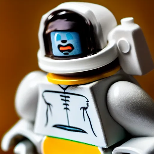 Prompt: closeup shot of lego astronaut that looks kind of like christopher walken ( eos 5 ds r, iso 1 0 0, f / 8, 1 / 1 2 5, 8 4 mm, postprocessed, bokeh )