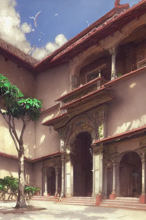 Image similar to the front of a spanish school, spanish architecture, tropical, by greg rutkowski makoto shinkai takashi takeuchi