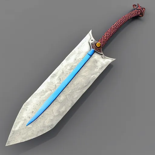 Image similar to bluestone flamberge, a huge two-handed sword with a wavy blade and large cross guard. It has a faint blue sheen, and radiates a sense of unease. 3d render