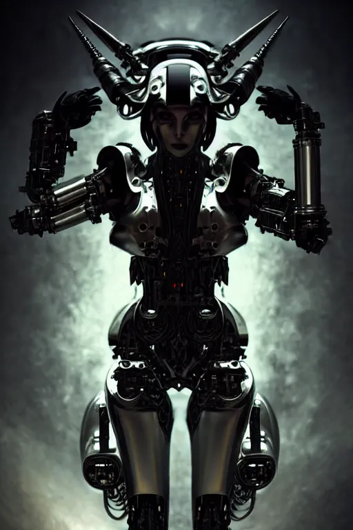 Image similar to dark futuristic cyborg with metal horns, chrome motorcycle parts, full body, diffuse lighting, fantasy, intricate, elegant, highly detailed, lifelike, photorealistic, digital painting, artstation, illustration, concept art, smooth, sharp focus, art by John Collier and Albert Aublet and Krenz Cushart and Artem Demura and Alphonse Mucha