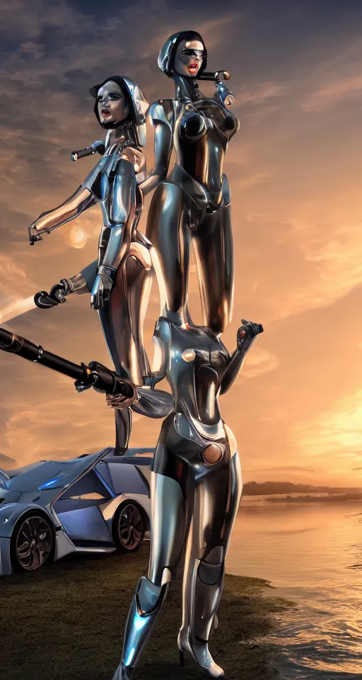 Image similar to a decadent futuristic sportscar designed by pinifarina and female robot holding a bazooka at a lake in ancient greece, hdr, hyperrealistic, photorealistic, bokeh, volumetric lighting, sunrise background, production i. g. studios style