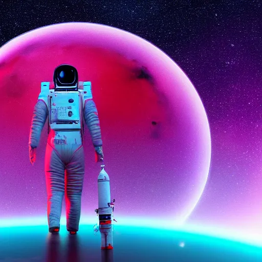 Image similar to A wide angle shot from below of a female astronaut with a feminine body walking with swagger towards camera on mars in an infinite universe , synthwave digital art