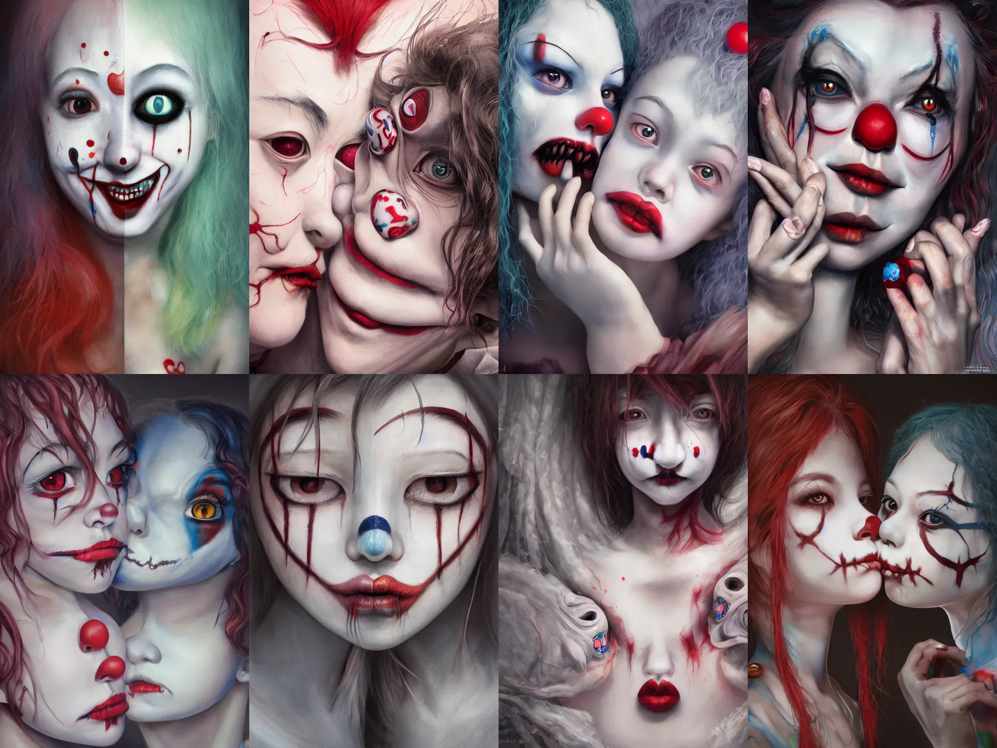 Prompt: detailed painting of two creepy clown girl kiss, piercing eyes, james jean, miho hirano, hyperrealistic, octane render, ambient light, dynamic lighting