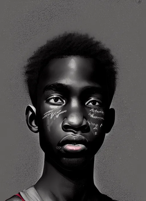 Image similar to portrait of a nigerian teen boy with a crooked nose and a confident expression, 1 9 6 0 s, black clothes, goth, punk, brightly coloured hair, funk, intricate, elegant, highly detailed, digital painting, artstation, concept art, smooth, sharp focus, illustration, art by wlop, mars ravelo and greg rutkowski