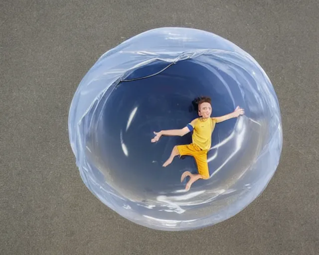 Image similar to boy floating gently down from the sky in a plastic wrapped bubble. aerial footage.