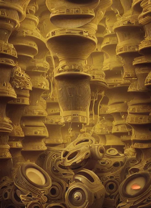 Image similar to highly detailed surreal vfx portrait of a 3 d landscape of stacks of recursive speakers, polyphonic ecstacy, ornate, hyperrealistic, octane render, chiaroscuro, inspired by james jean, android jones, beeple, rhads, alphonse mucha, frostbite 3 engine