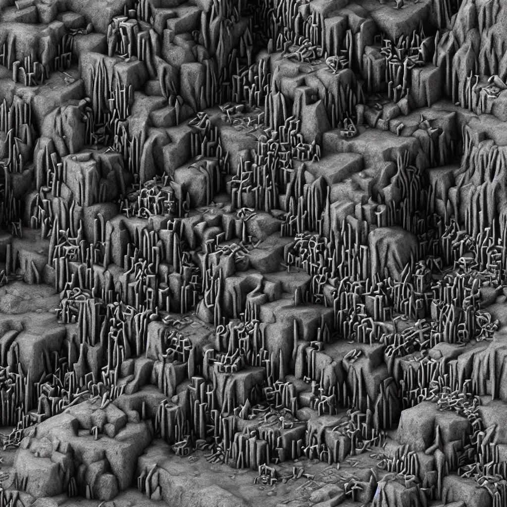 Image similar to the mines of moria. dwarven architecture carved out of the interior of a mountain. light from rivers of molten iron. immense open cavern with many levels of walkways spanning the void, stairs. drums in the deep. kingdom of dwarves. statues, geometric knot carvings, squared basalt support columns, photorealistic, 8 k