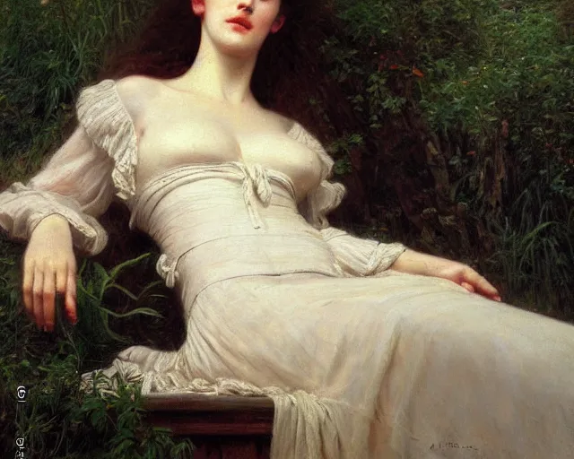 Image similar to portrait en buste of eva green in repose by Hughes Merle, by Pierre Auguste Cot, lackadaisical, aimless mood, perfectly detailed eyes, realistic fabric, abundant detail