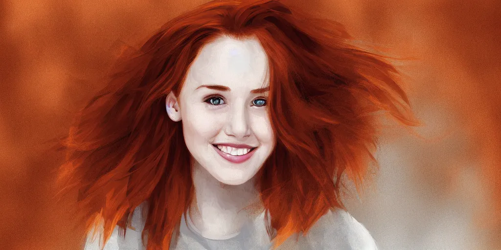 Prompt: Young woman with auburn hair looking into the camera and smiling slight, digital painting