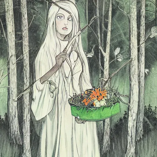 Image similar to In the conceptual art Vasilisa can be seen standing in the forest, surrounded by animals. She is holding a basket of flowers in one hand and a spindle in the other. Her face is turned towards the viewer, with a gentle expression. In the background, the forest is depicted as a dark and mysterious place. light, face paint by Junji Ito