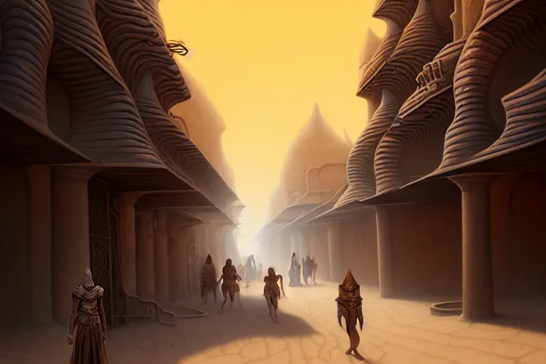 Prompt: a highly detailed bazaar street in the dune city of tyr from the land of athas, amazing dark sun digital painting, by gerald brom, brom digital art, intricate details, ultra realistic, beautiful art, volumetric lighting, stylized cell shading, warm colors advance cool colors recede, by brom, trending cgsociety, artstation, rim lighting, 8 k