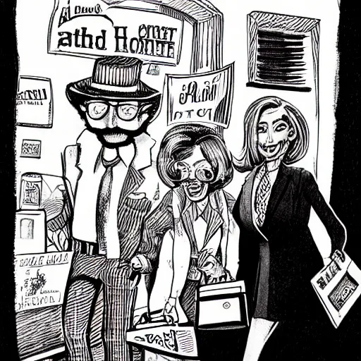 Image similar to The Artwork of R. Crumb and his Cheap Suit Mitch McConnell and Nancy Pelosi go shopping, pencil and colored marker artwork, trailer-trash lifestyle