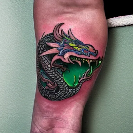 Image similar to Arm tatoo of a dragon starting from the elbow, wrapping around the wrist in a downward spiral, emerald placed inside of the dragons mouth