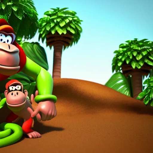 Image similar to Donkey Kong and Diddy Kong surrounded by tropical trees and barrels, 3D render, detailed clay model