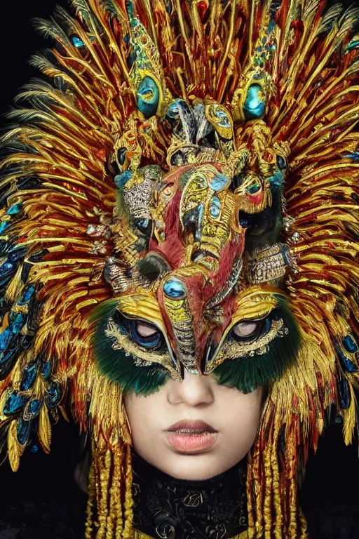 Prompt: masterful fantastic realist painting an exotic ancient feathered and bejeweled bird wearing an exquisite and fiercely painted bugaku mask of a tiger, gold chains strung like tinsel, digital painting trending on artstation, nose ring, volumetric lighting and mist, cosplay, portrait painting, hyperrealistic, octane render