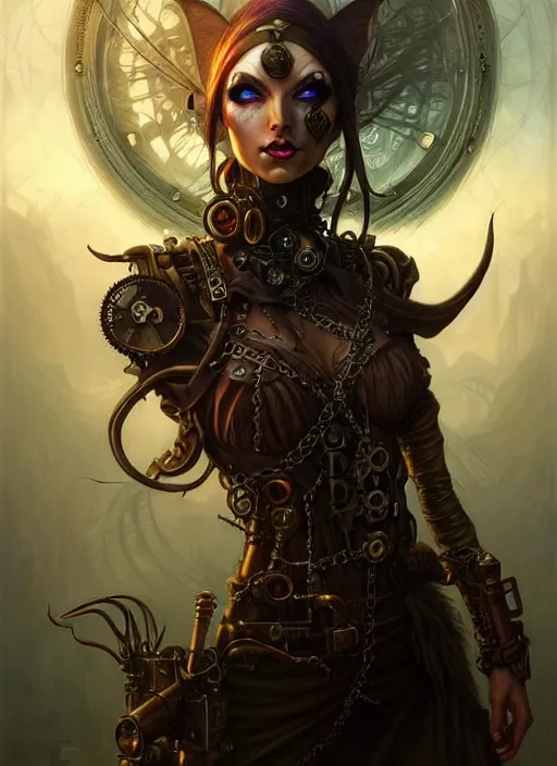 Prompt: portrait shot of steampunk evil elf in a scenic dystopian environment, intricate, elegant, highly detailed, centered, digital painting, artstation, concept art, smooth, sharp focus, illustration, artgerm, tomasz alen kopera, peter mohrbacher, donato giancola, joseph christian leyendecker, wlop, boris vallejo