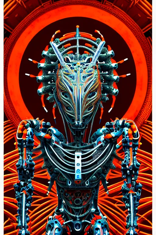 Image similar to a centered uncut fullbody frontview portrait of a robotic predator headed biomechanical creature by clogtwo and subjekt zero feat paul lewin and ø - cult. intricate detailed sharp clean textured very ornated. indian style tapestry design. hd. 4 k. lowbrow color palette
