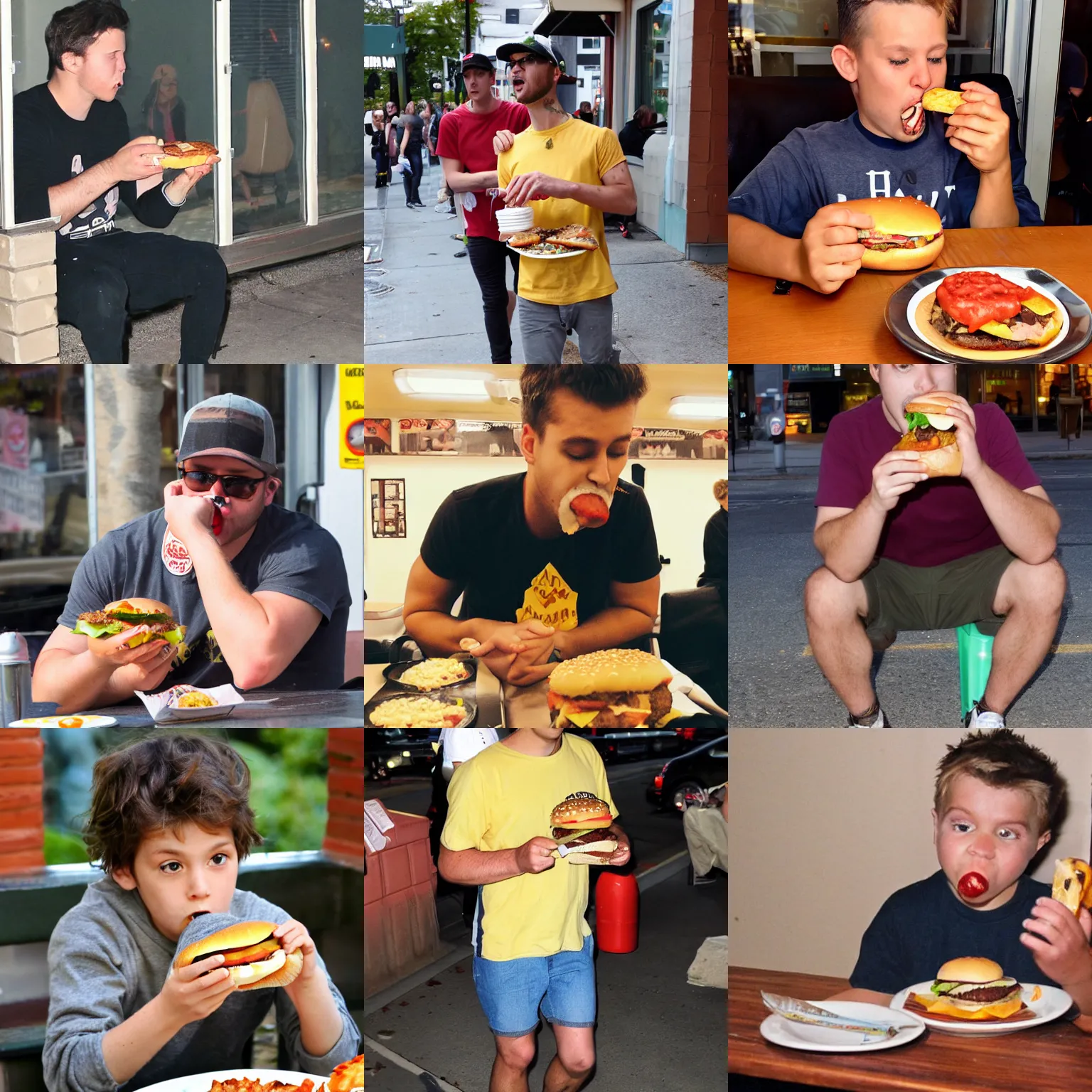 Prompt: paparazzi photo of john joseph cromag eating a cheeseburger