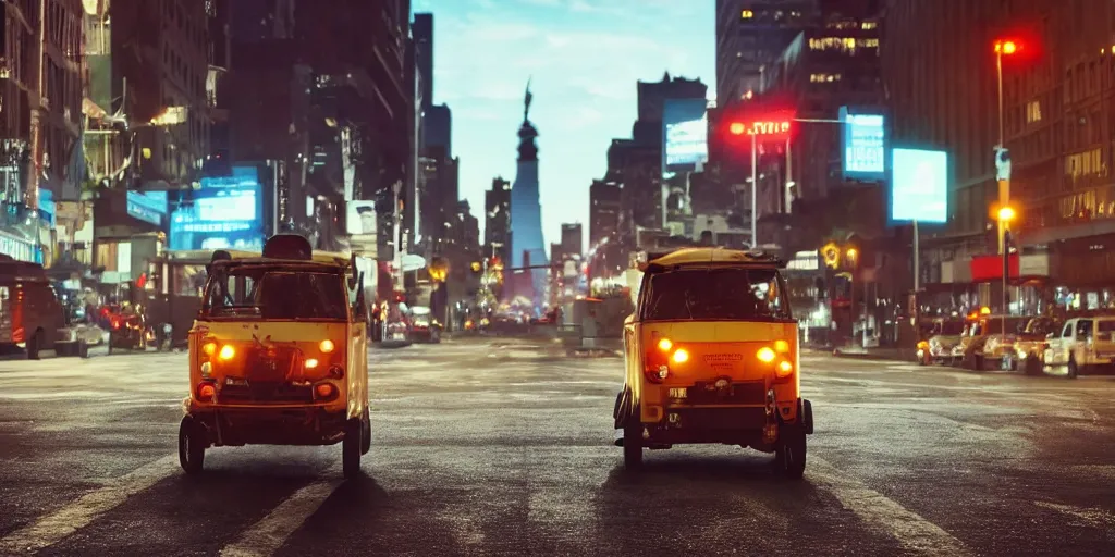 Image similar to a tuk tuk walking through a desolate manhattan city street at night statue of liberty seen in the background realistic 4 k octane beautiful