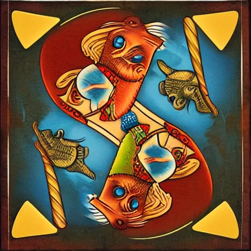 Image similar to two fishes playing cards at the bottom of the sea, lowbrow surrealistic, in the style of mark ryden,