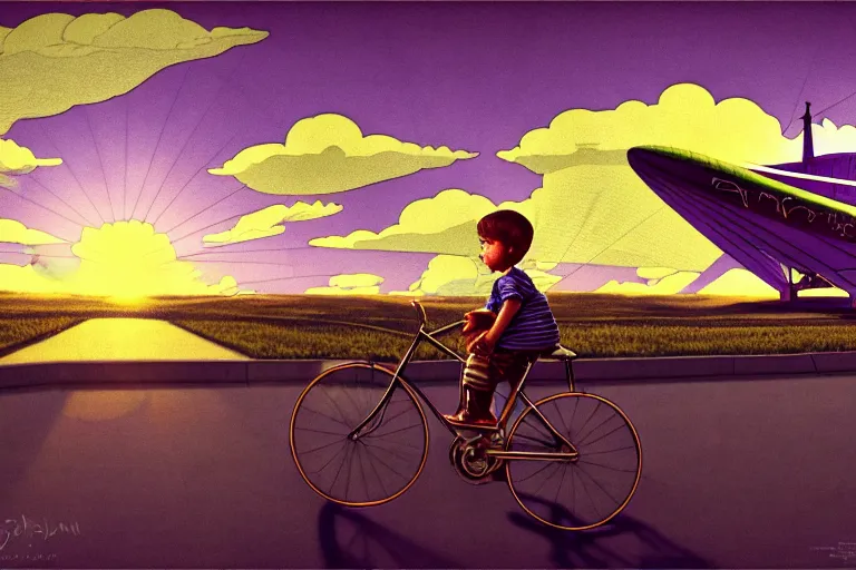 Image similar to kid rides a bicycle waving good bye to the airship at sunset, in the style of otto eckmann, intricate and epic composition, purple by caravaggio, insanely quality, highly detailed, masterpiece, purple light, artstation, 4 k