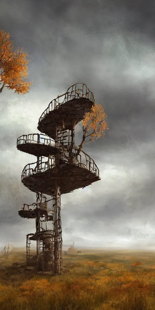 Image similar to tree house on a rusty broken building constructions of a giant upside - down spiral edgy staircase, leading to the sky, the ruins, in the steppe, autumn field, misty background, from the game pathologic 2, highly detailed, sharp focus, matte painting, by isaac levitan and asher brown durand,