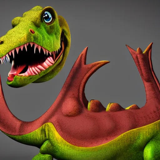 Image similar to cartoon dinosaur, happy, illustration, highly detailed, 3 d render