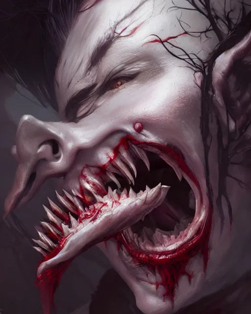 Image similar to horror vampire, highly detailed, d & d, fantasy, highly detailed, digital painting, trending on artstation, concept art, sharp focus, illustration, global illumination, shaded, art by artgerm and greg rutkowski and fuji choko and viktoria gavrilenko and hoang lap