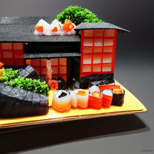 Image similar to a house made out of sushi, 4k, 35mm