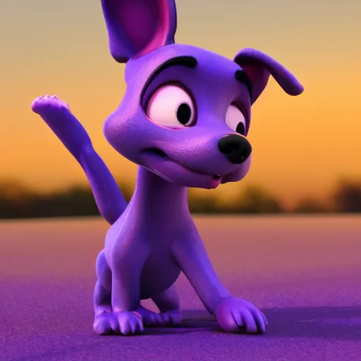 Image similar to a beautiful 3d render of a purple dog in a disney movie, in the style of disney, pixar, the dog is doing ballet, highly detailed, 8k resolution