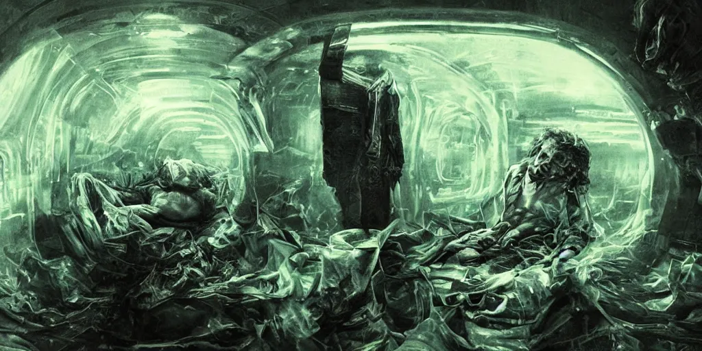 Prompt: the man lies before you, dying in the cold space station. he whispers to you his final words :'fuck art.'extremely lush detail. melancholic scene in a cold space station. perfect composition and lighting. profoundly surreal. high - contrast lush surrealistic photorealism. an expression of anguish and resignation on the man's face.