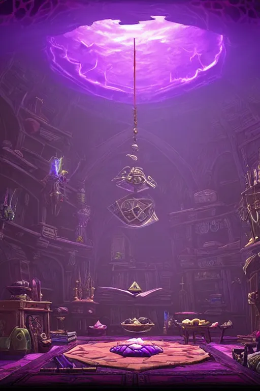 Image similar to interior of a dark wizards sanctum, purple light, cluttered with magical objects, spell books, potions, dramatic lighting, epic composition, wide angle, by miyazaki, nausicaa ghibli, breath of the wild