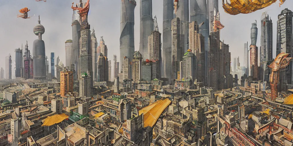 Image similar to shanghai buildings, stylized, exterior, architecture, in watercolor gouache detailed paintings, insanely detail, artstation, 8 k, futuristic, big medium small, arcane, simon stalenhag, food stall, interesting shapes & form, golden ratio, megastructures, vitaly bulgarov, mall