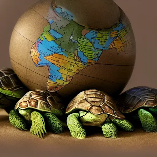 Image similar to a stack of turtles beneath a globe of the earth, earth globe on top