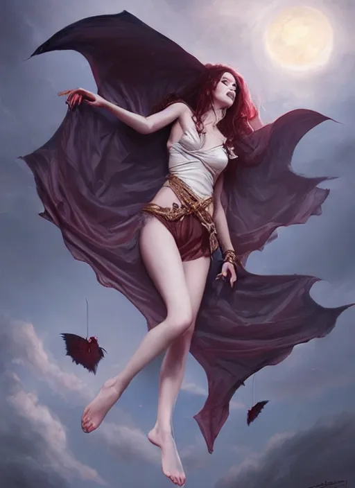 Image similar to desirable vampire girl floating in the air with silk cloth, fantasy, intricate, elegant, highly detailed, digital painting, artstation, concept art, matte, sharp focus, illustration, art by artgerm and greg rutkowski, dreadjim, zeen chin