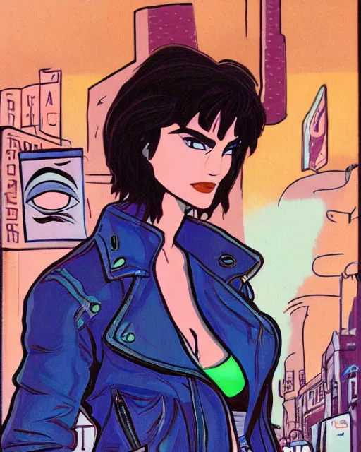 Image similar to young female protagonist in leather jacket, city street, artwork by ralph bakshi