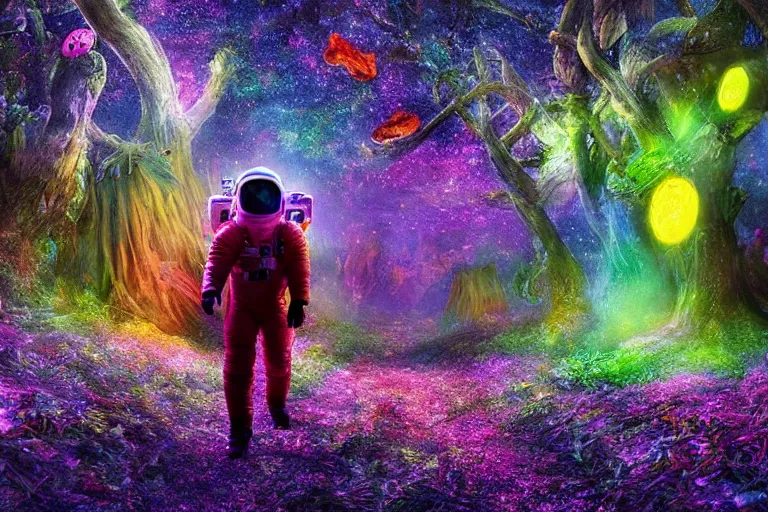 Prompt: an astronaut walking in an enchanted fantasy forest. colorful. glowing mushrooms. photorealism.