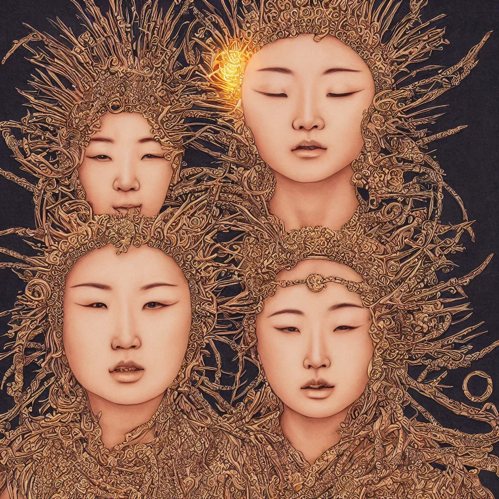 Image similar to hyper realistic portrait photo of ameterasu the sun goddess of japan, portrait shot, intricate detail