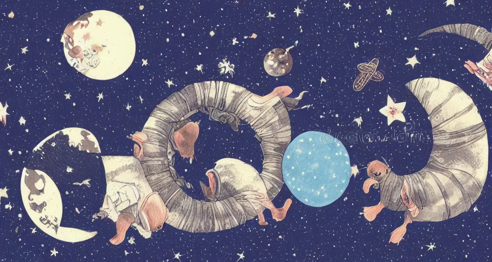 Image similar to back view of baby guineapigs on the cover of vogue magazine flying in space suits, deep dark universe, twinkling and spiral nubela, warmhole, beautiful stars, 4 k, 8 k, by hokusai, samurai man vagabond, detailed, editorial illustration, matte print, concept art, ink style, sketch, digital 2 d